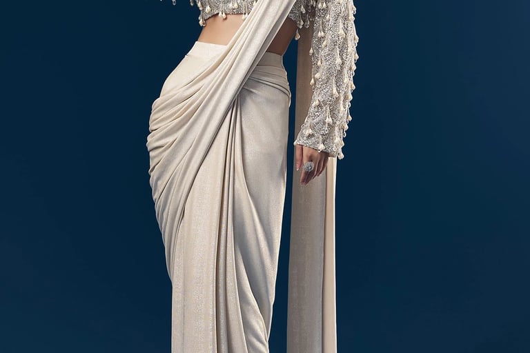 Modern silver saree draping with stylish pleats and designer blouse.