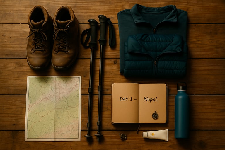 Laid-out beginner trekking gear including boots, layers, and journal ready for Day 1 in Nepal.