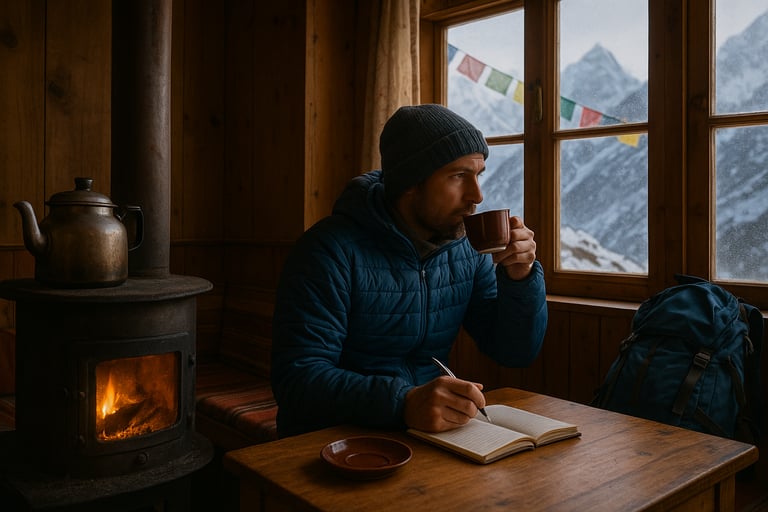 Rest day at altitude with tea and warmth in a Nepali mountain lodge.