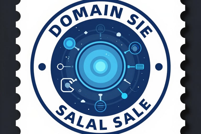 Domain sale banner featuring an isometric blue 3D cube and digital icons on a dark background.