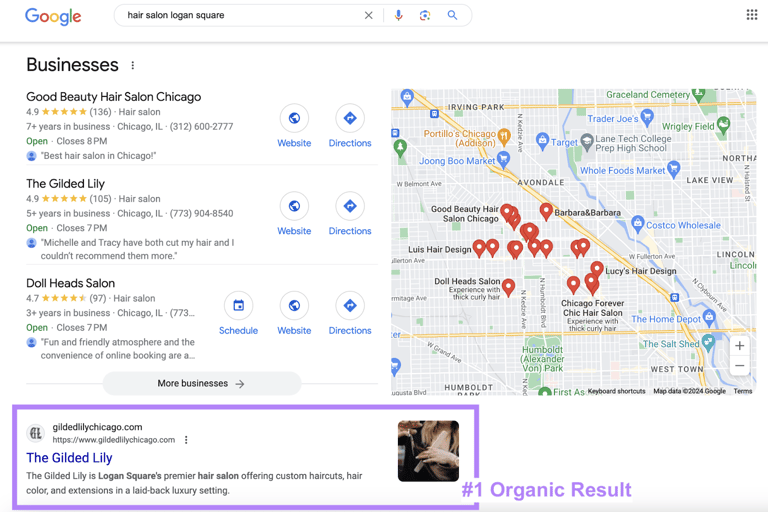 a map of a city with google business rankings