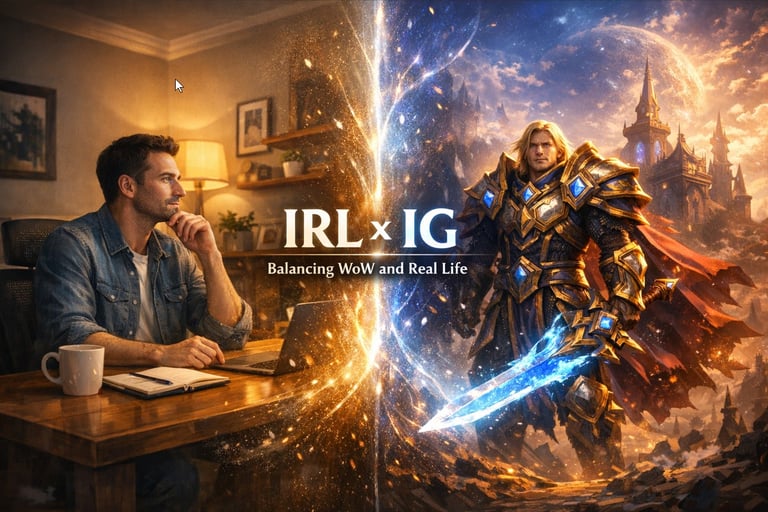 Human on the left and fantasy WoW-style character on the right, with both worlds merging in the center to represent balancing