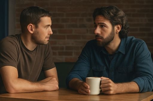 två män som sitter vid ett bord och samtalar