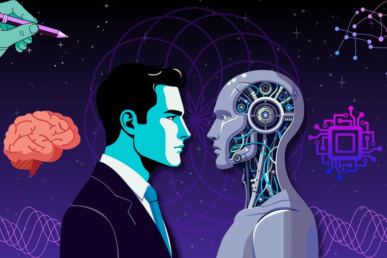 a man in a suit and tie is looking at a robot