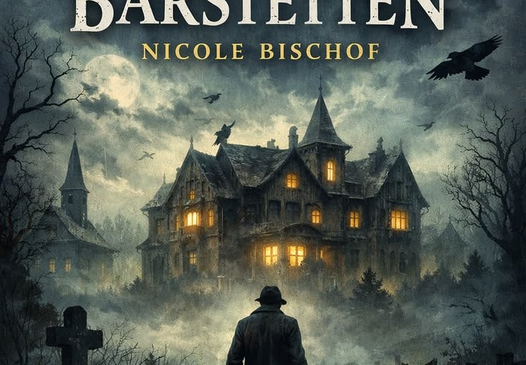 Mystery thriller book cover Die Schatten von Barstetten by Nicole Bischof featuring a spooky mansion and crows.