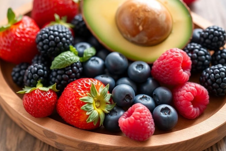 Berries displayed on oval wood plate