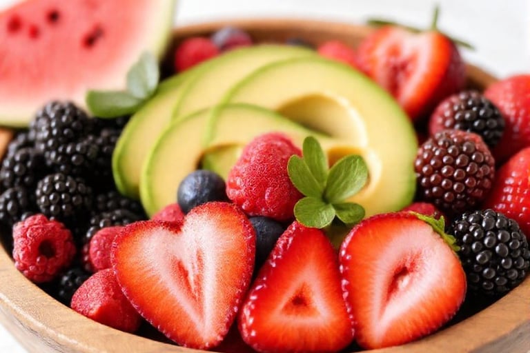 Blackberries Blueberries Strawberries Watermelon Avocado in Wooden Bowl