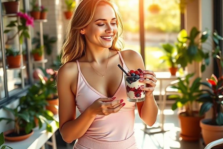 Pleased woman having berry dessert