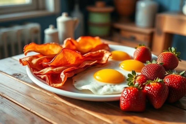 Strawberries served with keto friendly bacon and eggs