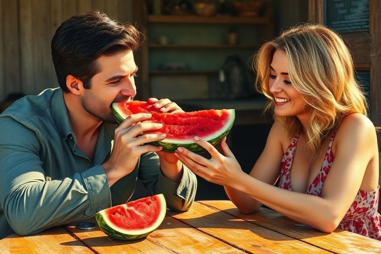 Couple sharing low sugar content watermelon