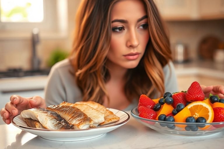 woman choosing between keto foods and fruit