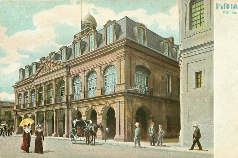Le Cabildo de la Nouvelle-Orléans vers 1880, carte postale colorisée.