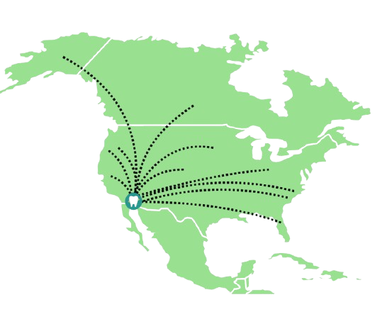 Map of the USA with dots coming across from where patients are coming in from