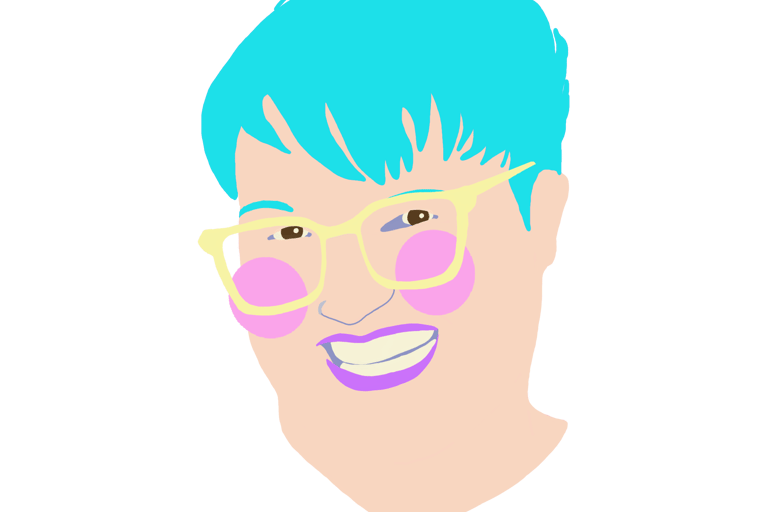 graphic neon illustration of Alia's face with rosey cheeks and purple lips