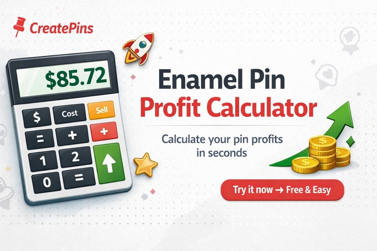 Clean social banner for CreatePins’ Enamel Pin Profit Calculator, featuring a digital calculator.