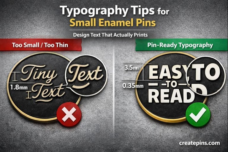 Comparison of unreadable and pin-ready typography for small enamel pin designs.