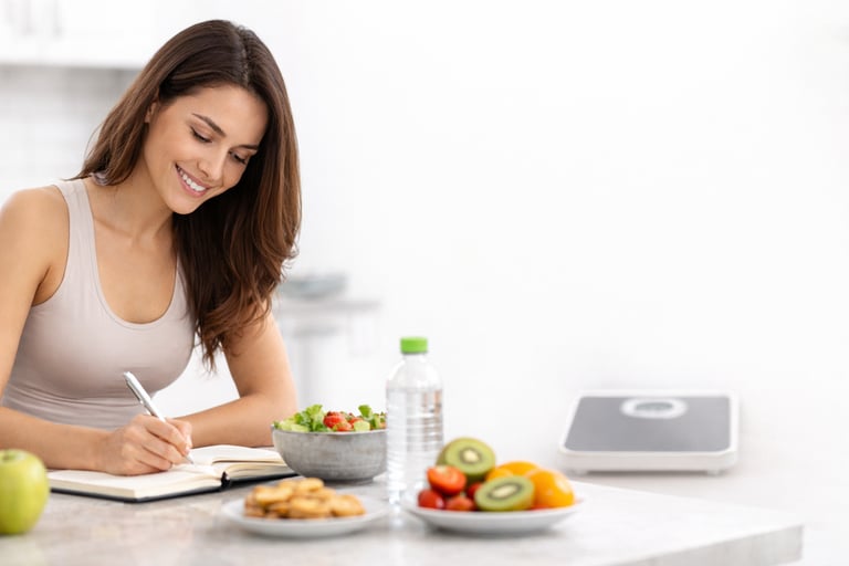 Mulher jovem olhando para um caderno com metas e uma balança ao fundo, representando o planejamento 