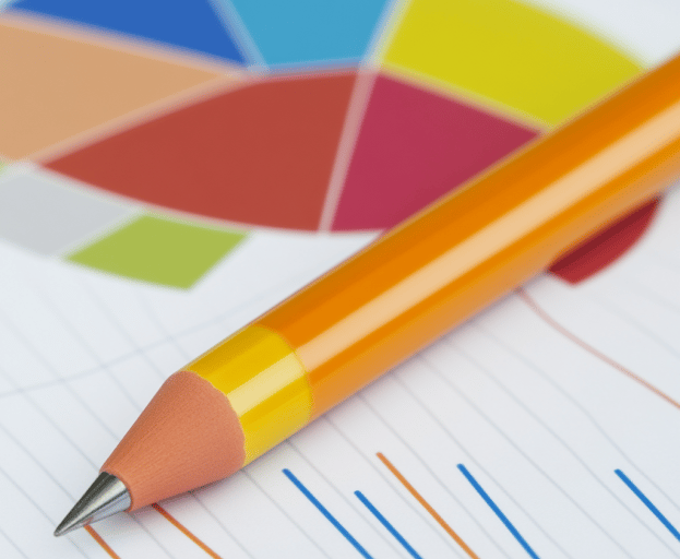 An oragne pencil sitting on top of papers that include colorful pie charts and line graphs.