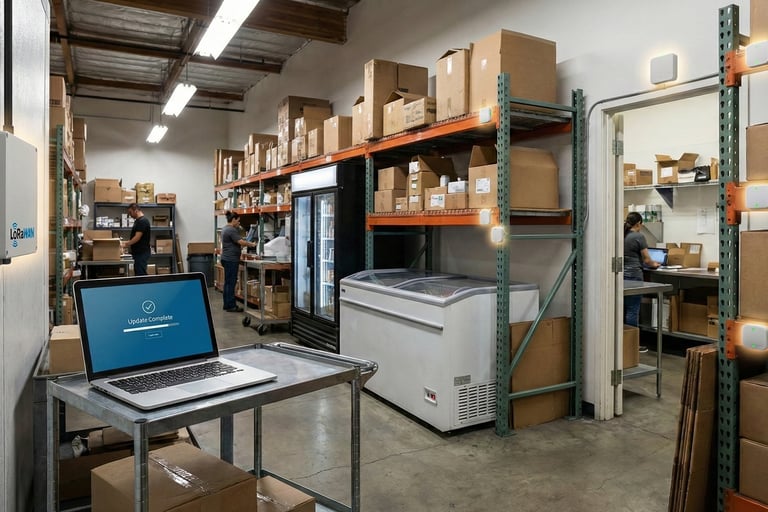 Ilustración de un sistema FUOTA mostrando un ordenador portátil enviando actualizaciones inalámbrica