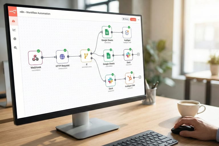 Interfaz de n8n mostrando un ejemplo de automatización de procesos para PYMES integrando CRM y excel