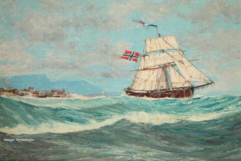 a painting of a slooper ship with a norwegain flag