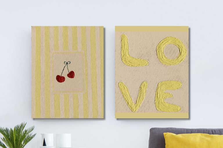 set of 2 textured art of love and cherries