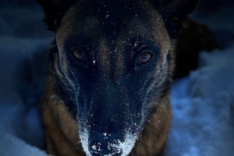 image sombre de chien malinois dans la neige