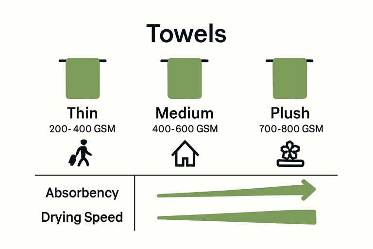 Guide comparing towel GSM types from thin to plush showing absorbency and drying speed variations.