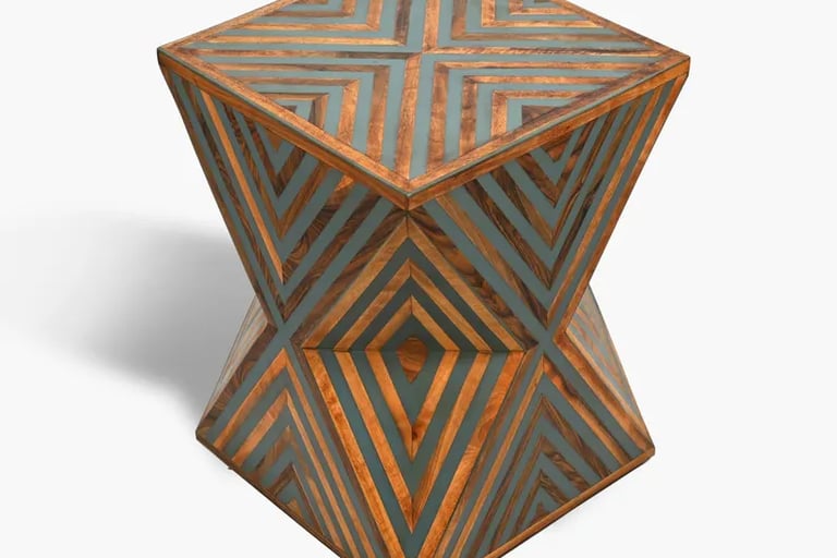 Custom handcrafted table combining bone inlay, walnut, arar wood, and resin – durable and elegant