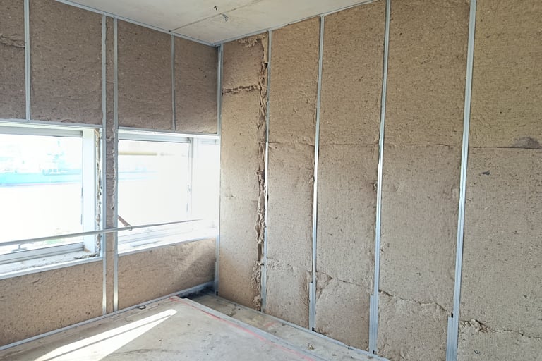 alt="Pose d’isolation en doublage intérieur pour la rénovation du siège Natran à Saint-Herblain"