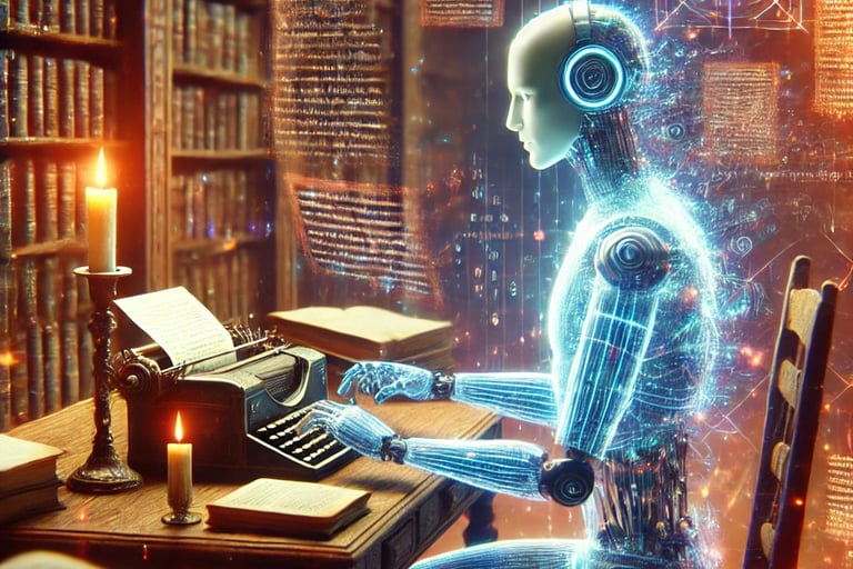 Un androide humanoide escribe en un escritorio antiguo, rodeado de hologramas con páginas flotantes,