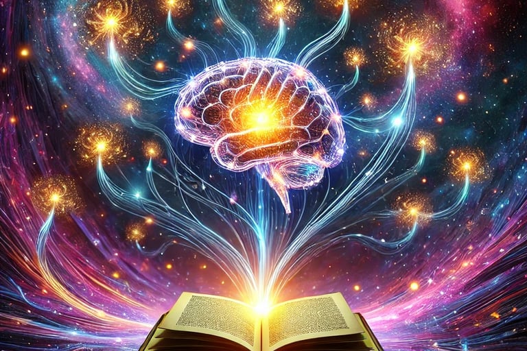 Una red neuronal luminosa flota en el espacio, conectada a libros suspendidos, simbolizando la