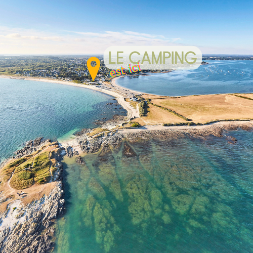 Vue aérienne de la plage de Penvins et du camping La Grée Penvins, Sarzeau, Morbihan