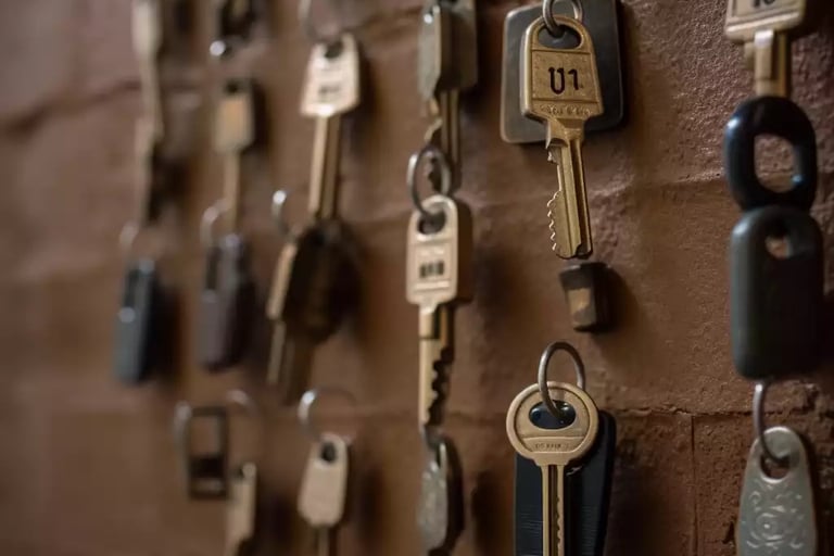 Trousseaux de clés de maisons accrochés au mur et dont s'occupe la Conciergerie Bruyère & Mimosa.