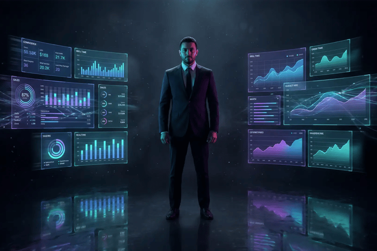 Businessman standing between futuristic glowing digital data dashboards with business analytics and financial charts.