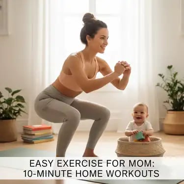 “A busy mom performing quick 10-minute exercises at home to stay fit.”
