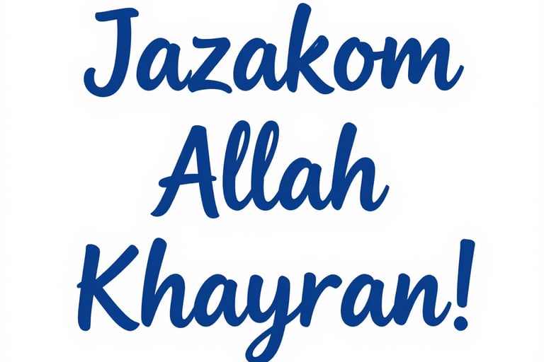 Blue Jazakom Allah Khayran script text on a white background, an Islamic expression of gratitude.
