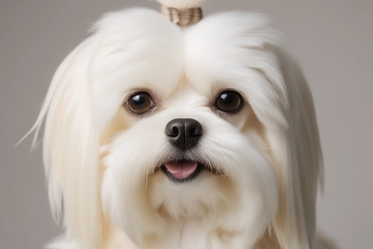 A close-up portrait of a perfectly groomed white Maltese, a popular small dog breed th