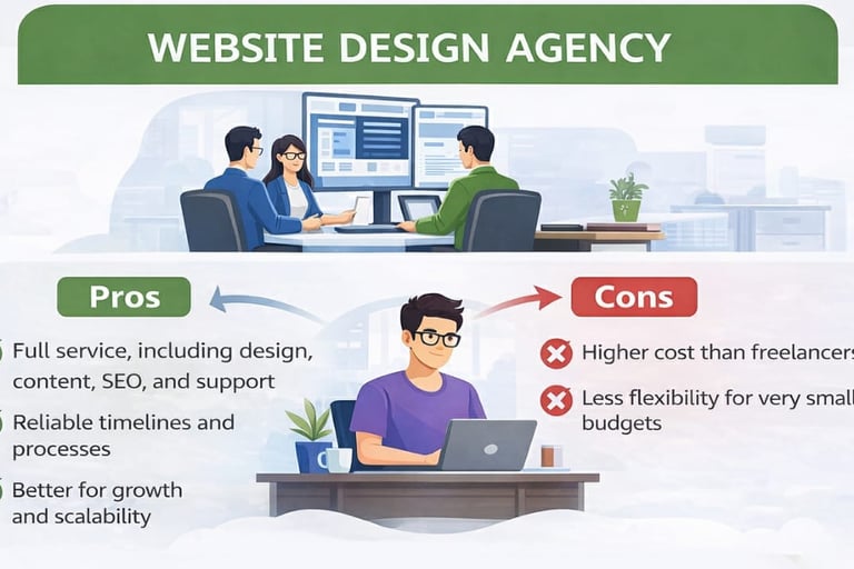 Website design agency in Bhopal infographic showing pros like full service, reliable timelines, scal
