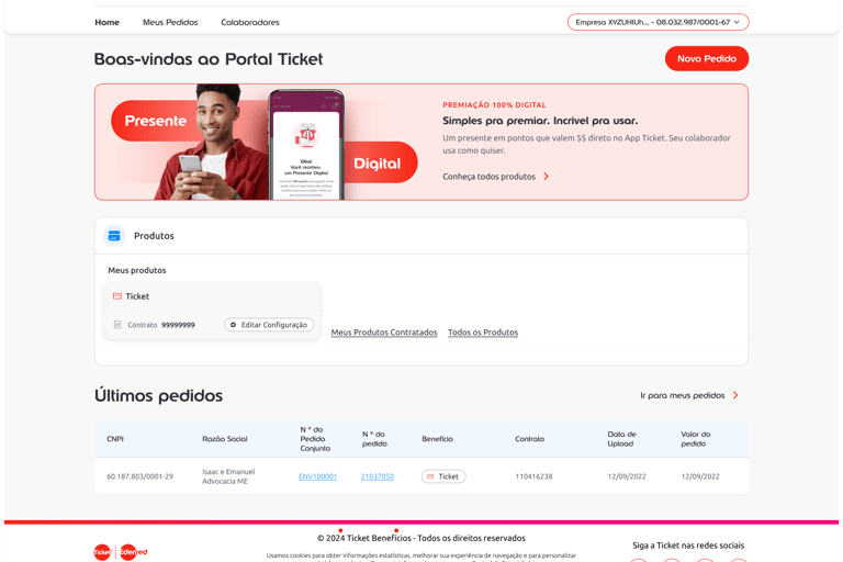 Página inicial atual do Portal Ticket