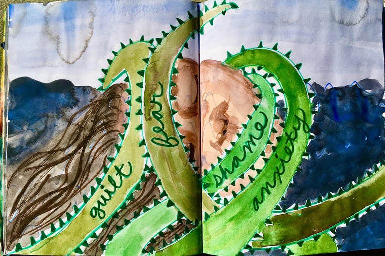 art journaling art therapy product representing guilt, fear, shame, and anxiety tormenting a person