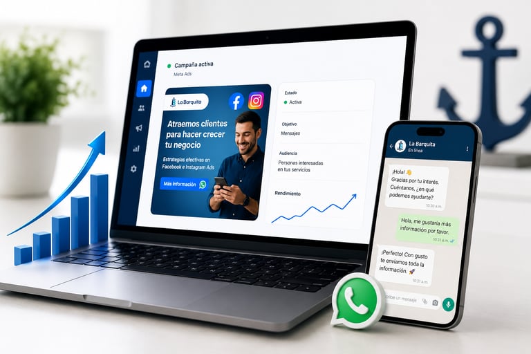 Una laptop mostrando una campaña, un celular con mensajes de WhatsApp y una gráfica de crecimiento.
