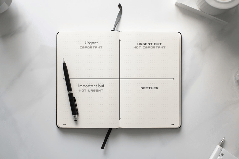 Notebook showing Eisenhower Matrix used for time management prioritization.