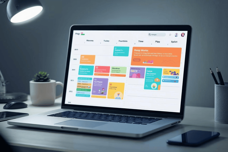 Laptop screen with time-blocked schedule showing focus and productivity.