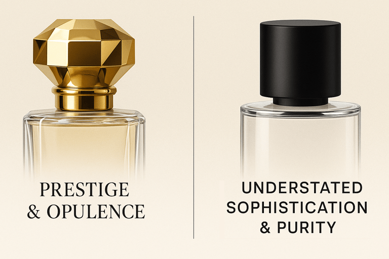 Gold gem-cut cap versus matte black cylinder cap symbolizing opulence vs minimalism in perfume