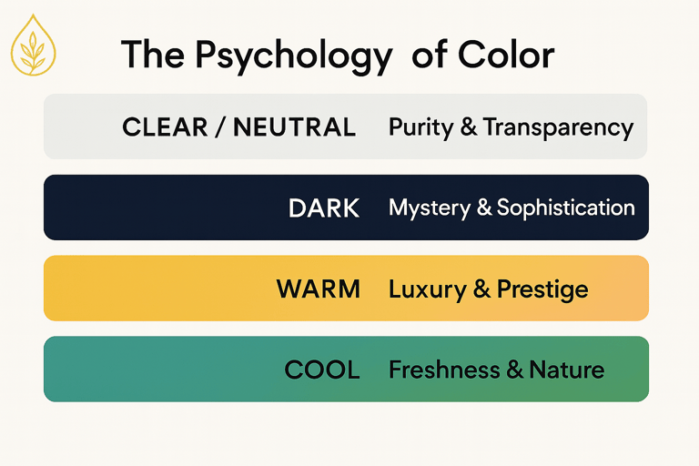 Infographic showing color meanings: clear for purity, dark for mystery, warm for luxury, cool for 