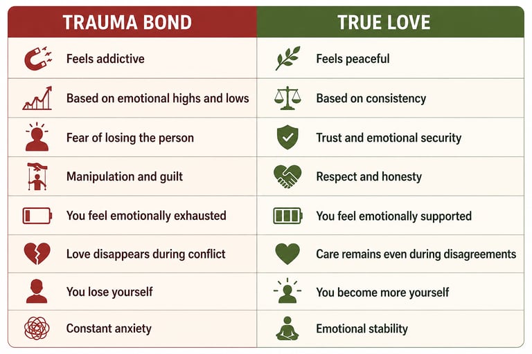 A comparison chart showing the differences between a trauma bond and true love with psychological symptoms.