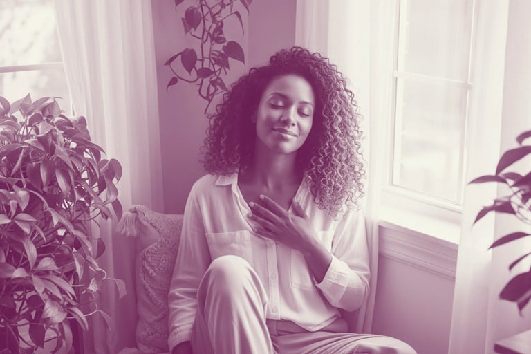 A serene Black woman sits peacefully in a sunlit room, surrounded by green plants, exuding inner radiance and contentment