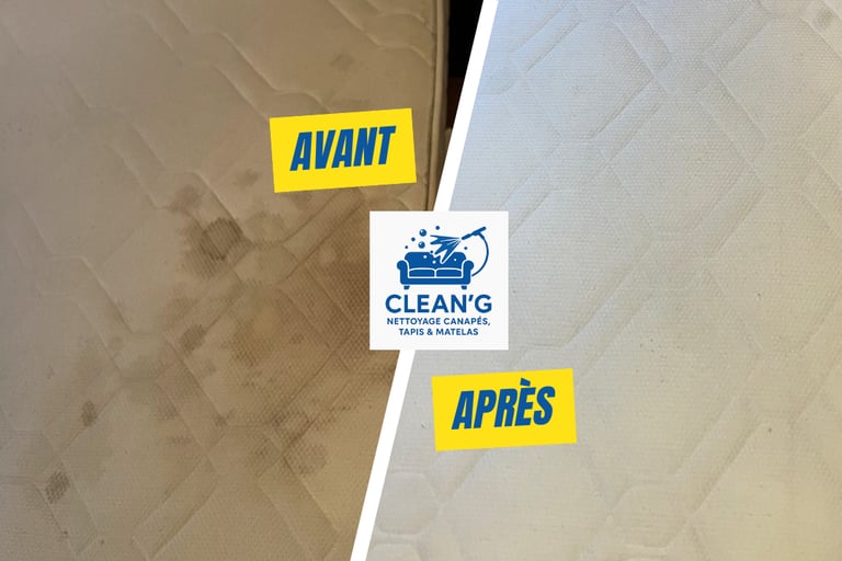 Résultat avant/après d'un nettoyage de matelas réalisé par nos équipes