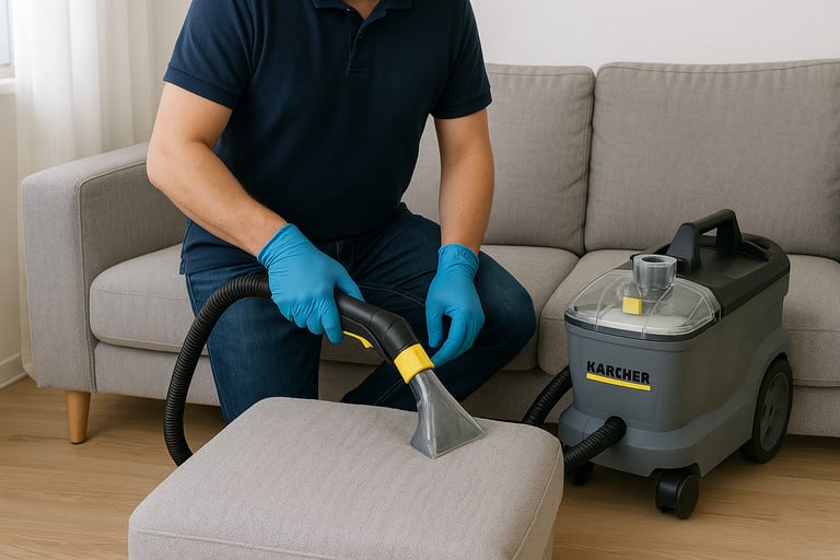 agent de netteyage clean'g en train de nettoyer un canapé à Rennes
